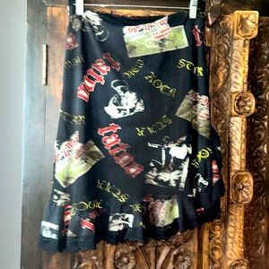 RARE NWTs made in France elastic ruffle stretch skirt w/punk rock graphic print
